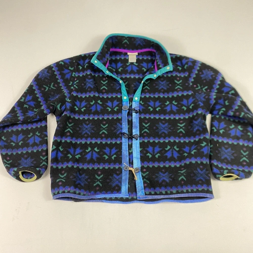 Vintage LL Bean Fleece Jacket Mens Medium‎ Large Black Blue Pattern Pullover 90s